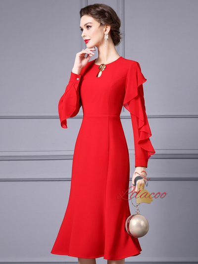Red Long Sleeve Scoop Neck Mother Of The Bride Dress