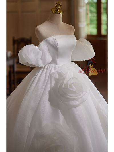 Simple White Tulle Strapless 3D Flower Wedding Dress