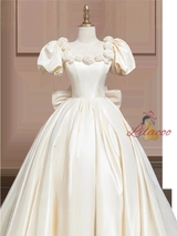 Ivory Satin Puff Sleeve Bow Flower Wedding Dress