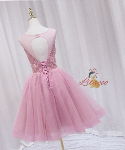 Pink Tulle Sequins Beading Backless Homecoming Dress
