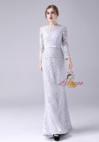 Gray Lace Long Sleeve Mother Of The Bride Dress