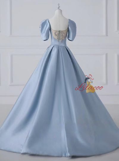 Blue Satin Puff Sleeve Beading Prom Dress