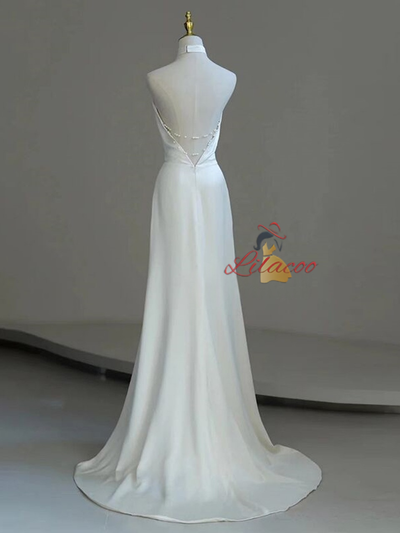 White Satin Halter Backless Wedding Dress