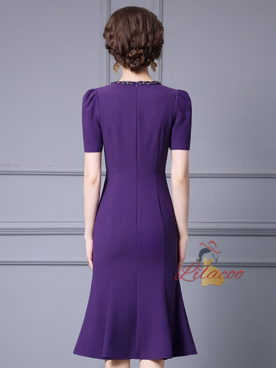 Purple Short Sleeve Beading Mother Of The Bride Dress