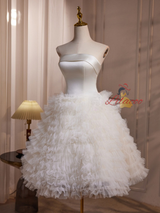 White Tulle Satin Tiers Wedding Dress