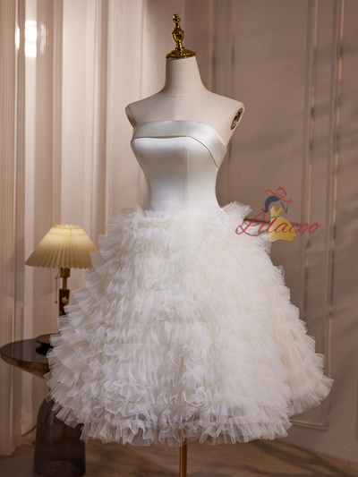 White Tulle Satin Tiers Wedding Dress
