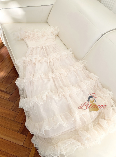 Women Beige Long Gauze Dress