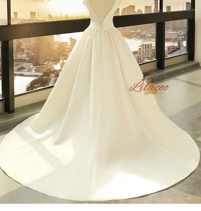 White Satin Backless Wedding Dress