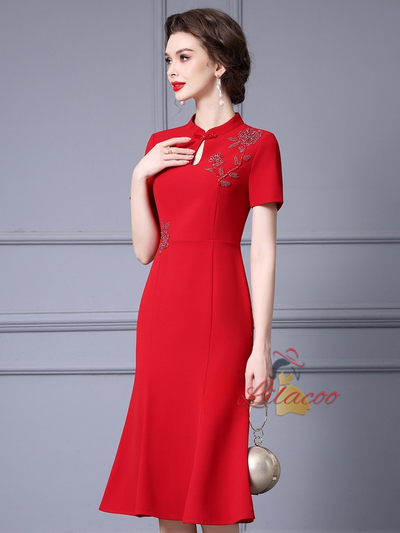 Red Short Sleeve Beading Mother Of The Bride Dress