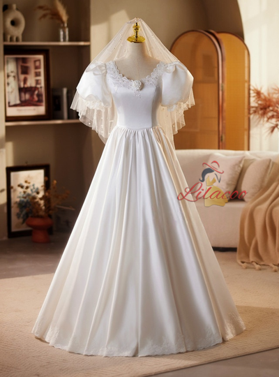 White Satin Lace Puff Sleeve Wedding Dress