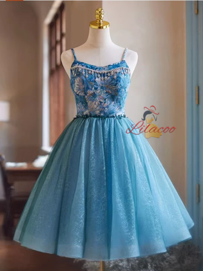Blue Tulle Spaghetti Straps Homecoming Dress
