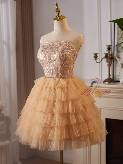 Champagne Tulle Strapless Tiers Homecoming Dress