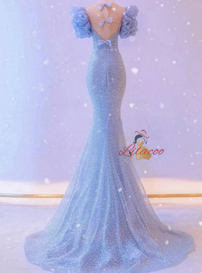 Blue Mermaid Sequins Bow Prom Dress