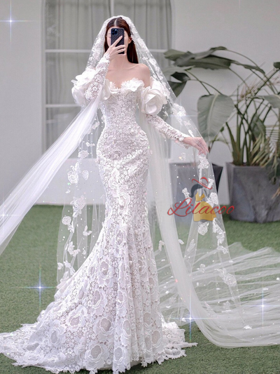White Mermaid Lace Long Sleeve Wedding Dress
