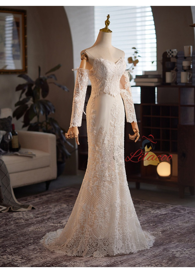 Ivory White Mermaid Appliques Long Sleeve Wedding Dress