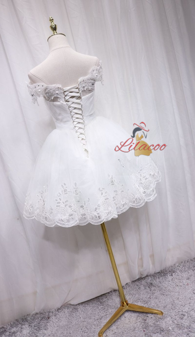 White Tulle Lace Beading Homecoming Dress