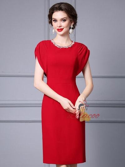 Red Pleats Beading Mother Of The Bride Dress