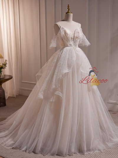 White Tulle Spaghetti Straps Sequins Wedding Dress