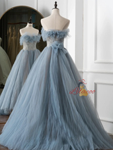 Blue Tulle Lace Pleats Strapless Prom Dress