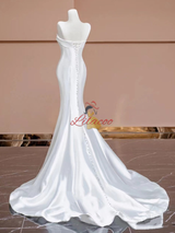 White Mermaid Strapless Satin Button Wedding Dress