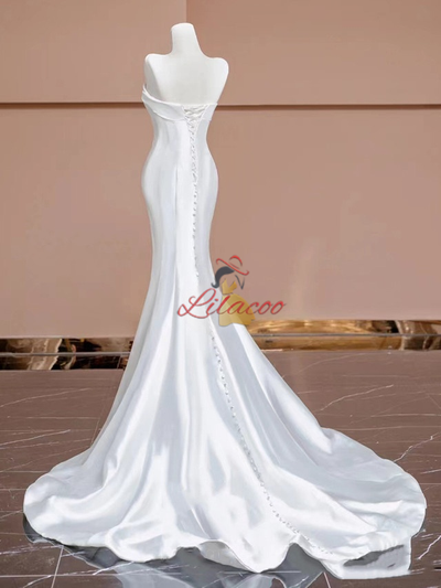 White Mermaid Strapless Satin Button Wedding Dress
