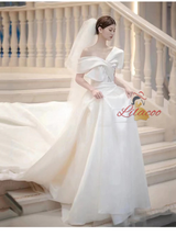 White Satin Off the Shoulder Pleats Wedding Dress