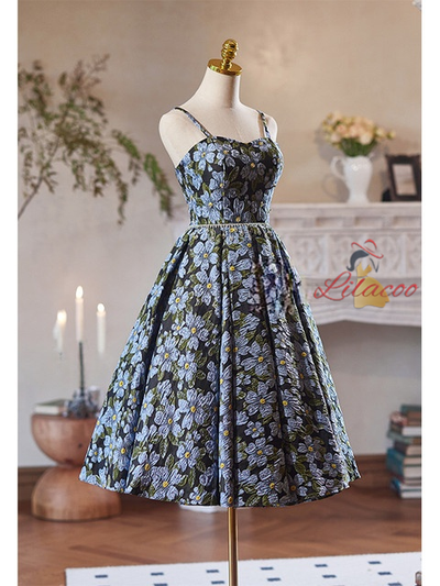 Black Spaghetti Straps Print Homecoming Dress