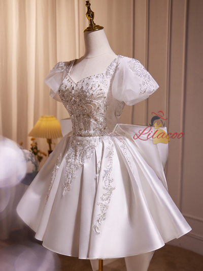 White Satin Bow Beading Homecoming Dress