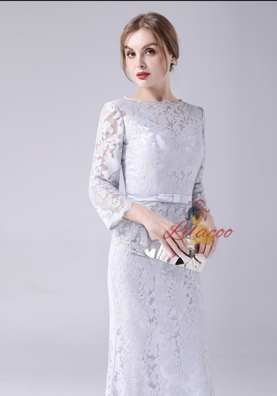 Gray Lace Long Sleeve Mother Of The Bride Dress