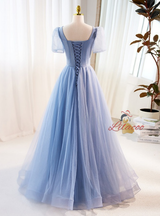 Blue Tulle Square Neck Beading Prom Dress
