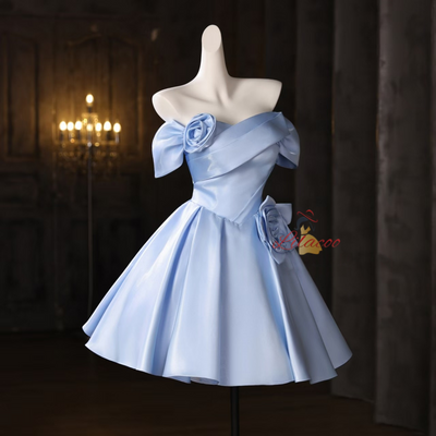 Blue Satin Flower Pleats Homecoming Dress