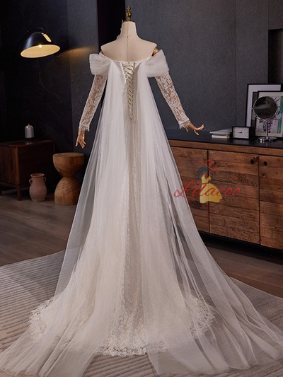 White Mermaid Lace Tulle Pleats Wedding Dress