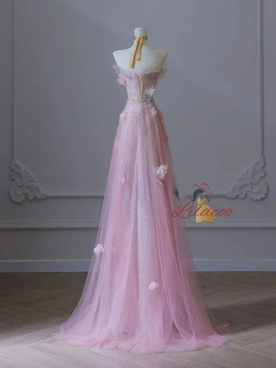 Pink Tulle Sequins Appliques Prom Dress