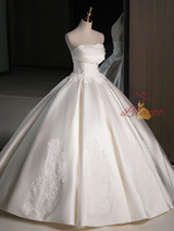 Ivory Ball Gown Satin Strapless Lace Wedding Dress