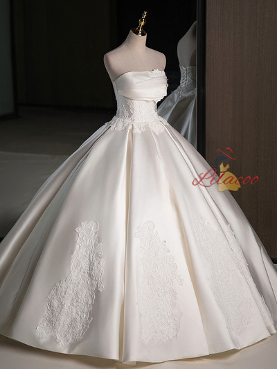 Ivory Ball Gown Satin Strapless Lace Wedding Dress