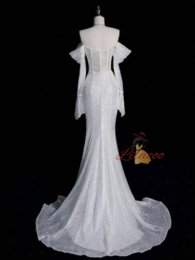 White Mermaid Sequins Long Sleeve Pleats Wedding Dress