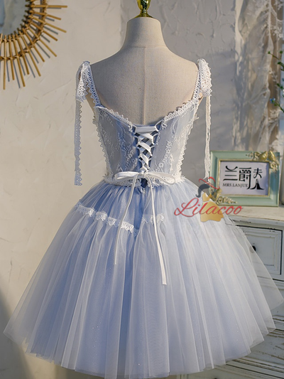 Simple Blue Tulle Lace Straps Homecoming Dress