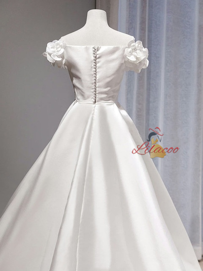 White Satin Off the Shoulder Flower Pleats Wedding Dress
