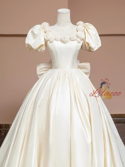 Ivory Satin Puff Sleeve Bow Flower Wedding Dress