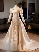 Champagne Satin Mermaid Long Sleeve Wedding Dress