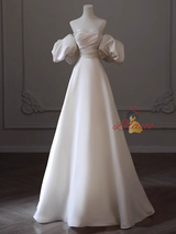White Satin Off the Shoulder Pleats Wedding Dress