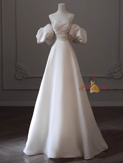 White Satin Off the Shoulder Pleats Wedding Dress