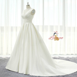 White Satin V-neck Backless Pleats Wedding Dress