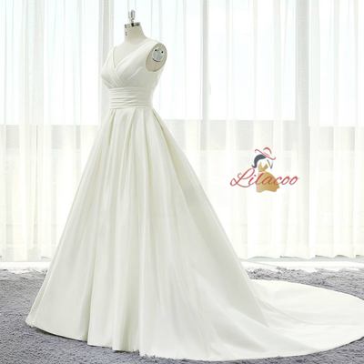 White Satin V-neck Backless Pleats Wedding Dress