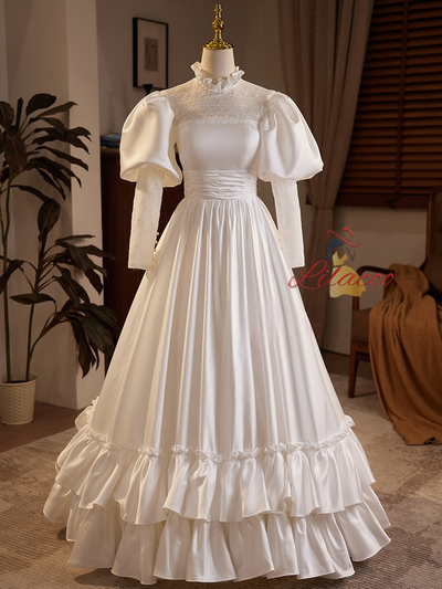 White Satin High Neck Long Sleeve Wedding Dress