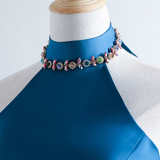 Blue Satin High Neck Beading Homecoming Dress