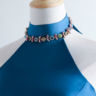 Blue Satin High Neck Beading Homecoming Dress