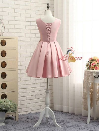 Pink Satin Appliques Homecoming Dress
