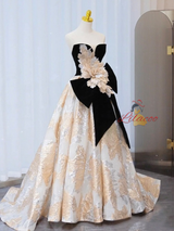 Black Velvet Bow Flower Strapless Prom Dress