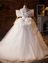 White Tulle Off the Shoulder 3D Flower Wedding Dress